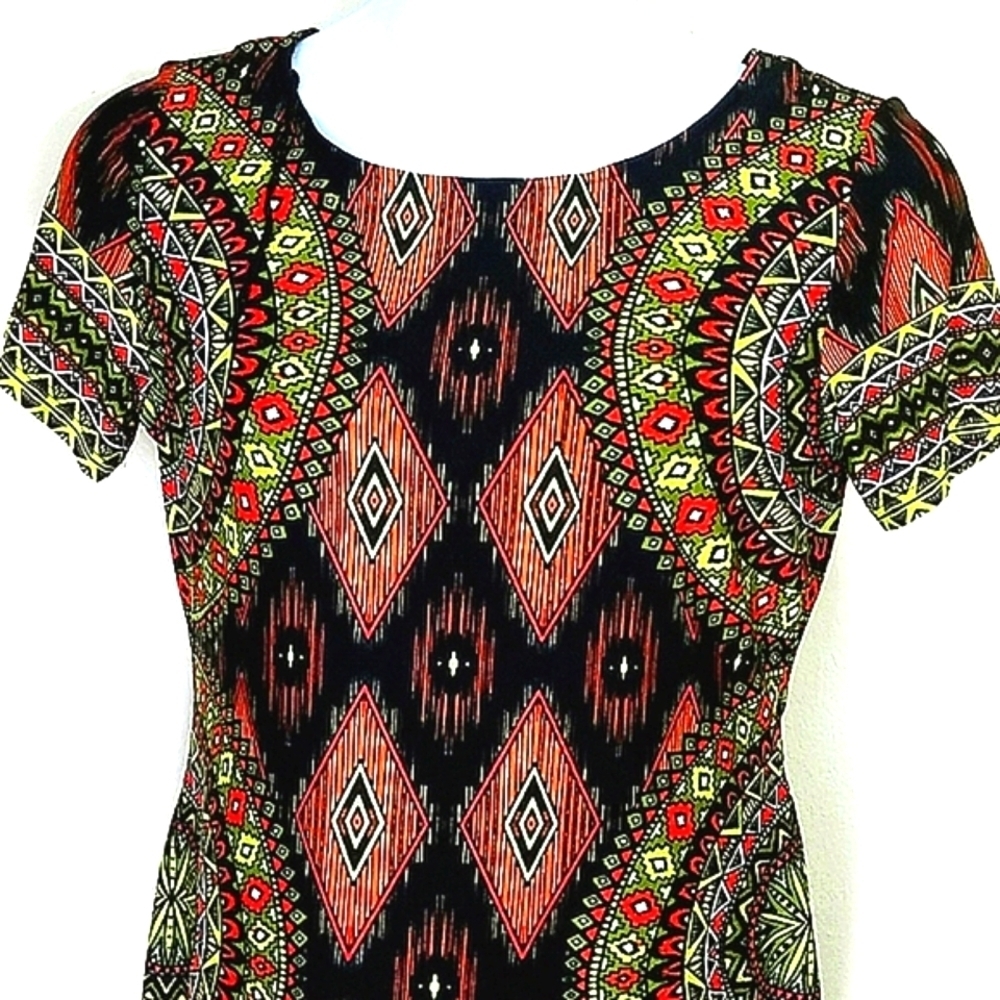 Riley Dress short sleeve Sheath bodycon neon stretch orange yellow black geometr - Picture 5 of 9